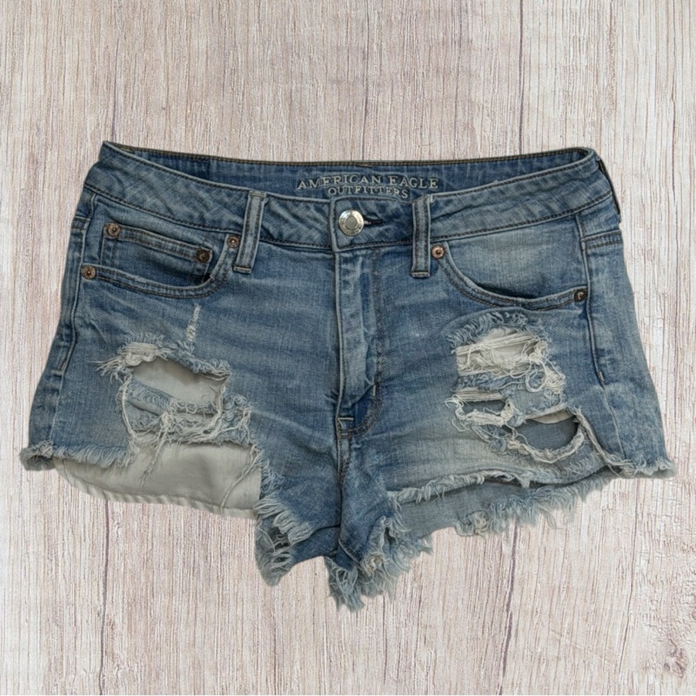 American Eagle Stretch Hi-Rise Festival Women's Cutoff Ragged Jean Shorts Size 8